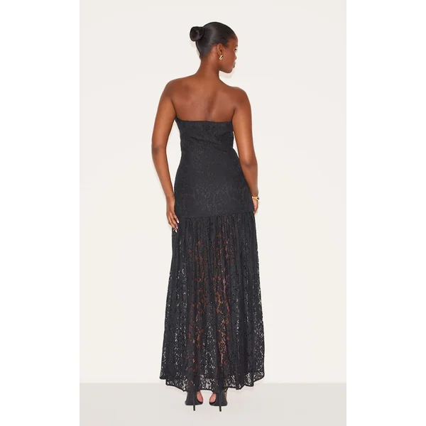 Noir Robe Midaxi Bandeau À Empiècements De Jupe En Dentelle Transparente