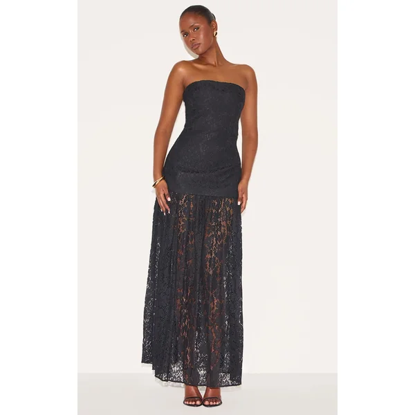 Noir Robe Midaxi Bandeau À Empiècements De Jupe En Dentelle Transparente