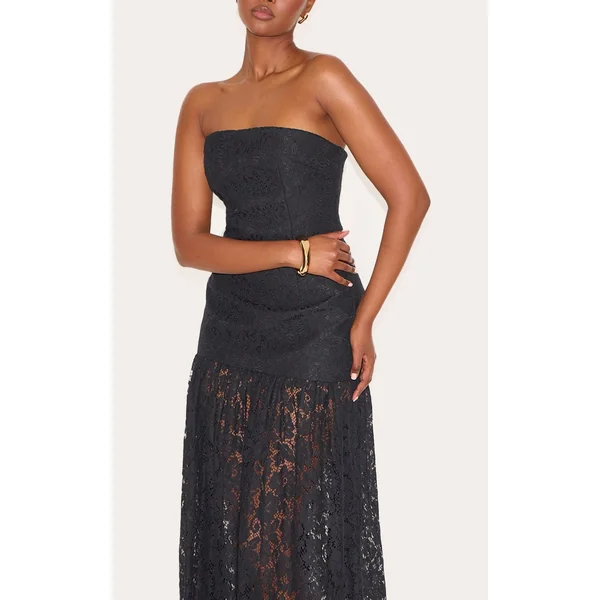Noir Robe Midaxi Bandeau À Empiècements De Jupe En Dentelle Transparente