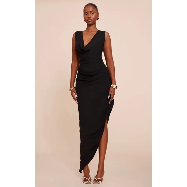 Noir Robe Midi En Mousseline À Col Bénitier Et Fronces