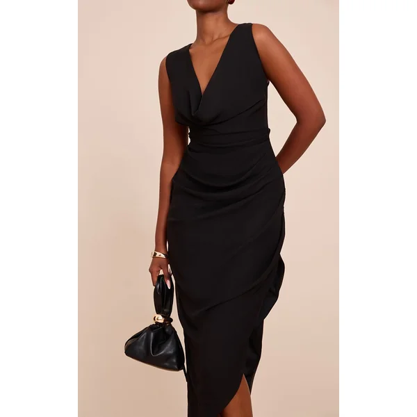 Noir Robe Midi En Mousseline À Col Bénitier Et Fronces