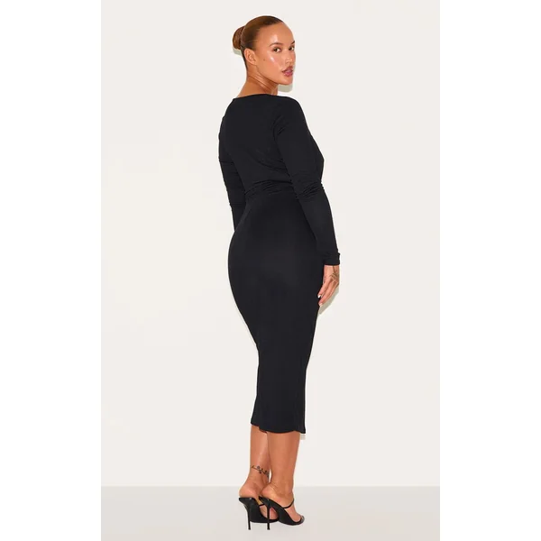 Noir Robe Midi Grande Taille À Manches Longues Et Encolure Cœur