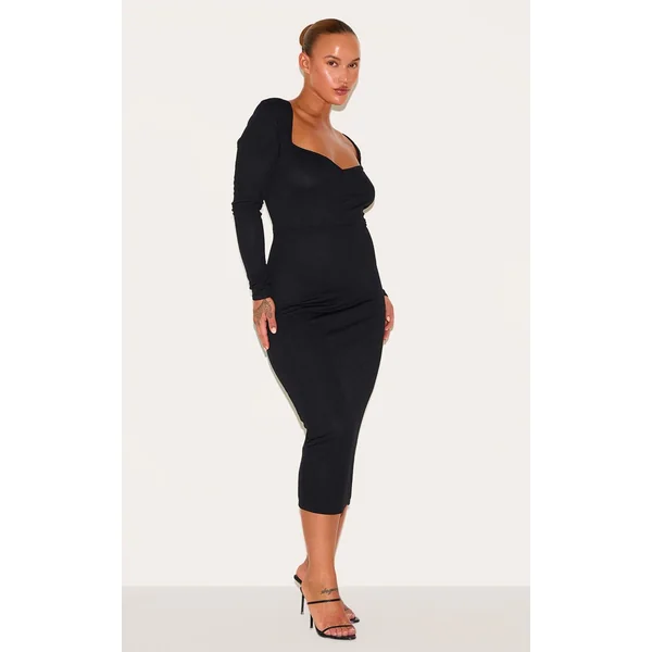 Noir Robe Midi Grande Taille À Manches Longues Et Encolure Cœur