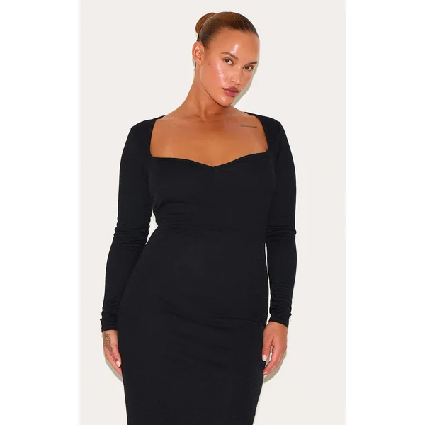 Noir Robe Midi Grande Taille À Manches Longues Et Encolure Cœur