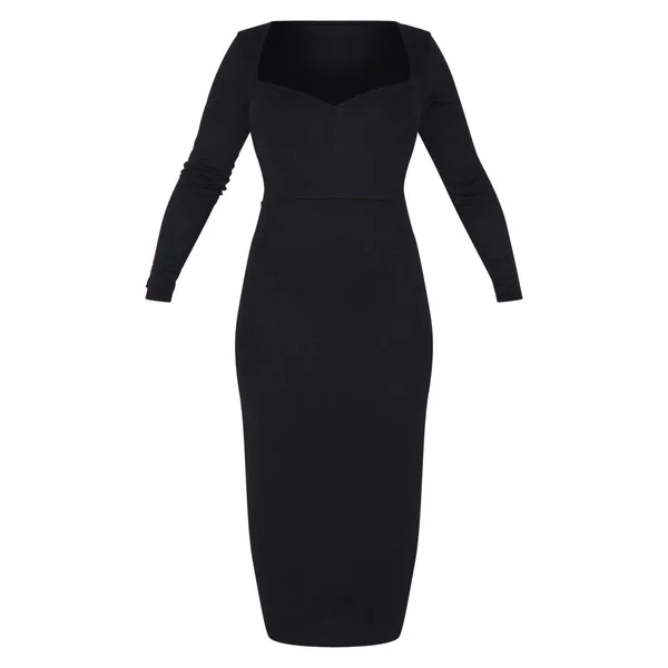 Noir Robe Midi Grande Taille À Manches Longues Et Encolure Cœur