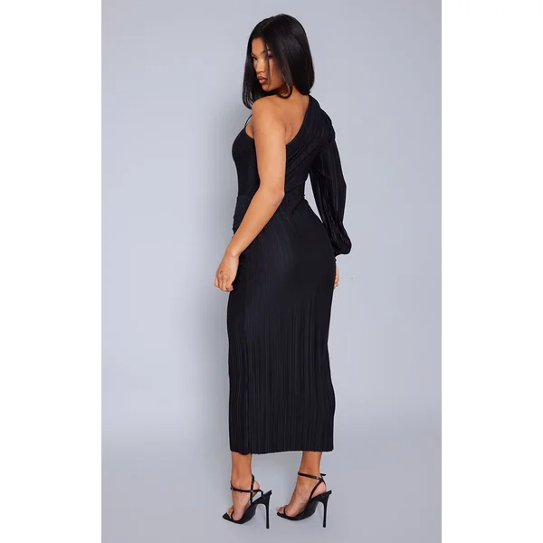 Noir Robe Mi-longue Plissée Asymétrique À Une Épaule Et Fronces