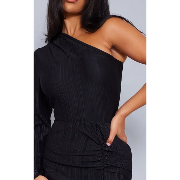 Noir Robe Mi-longue Plissée Asymétrique À Une Épaule Et Fronces