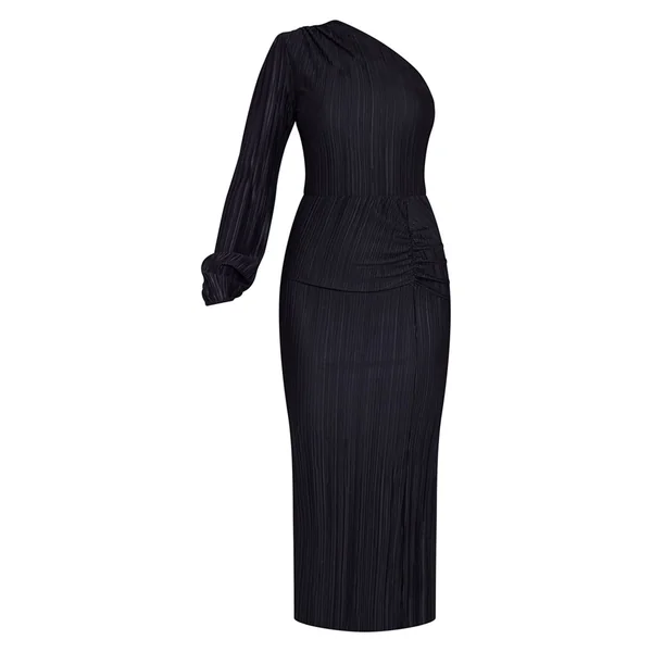 Noir Robe Mi-longue Plissée Asymétrique À Une Épaule Et Fronces