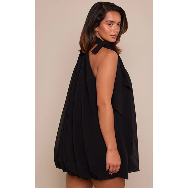 Noir Robe Mini Bouffante En Mousseline Avec Nœud Au Cou