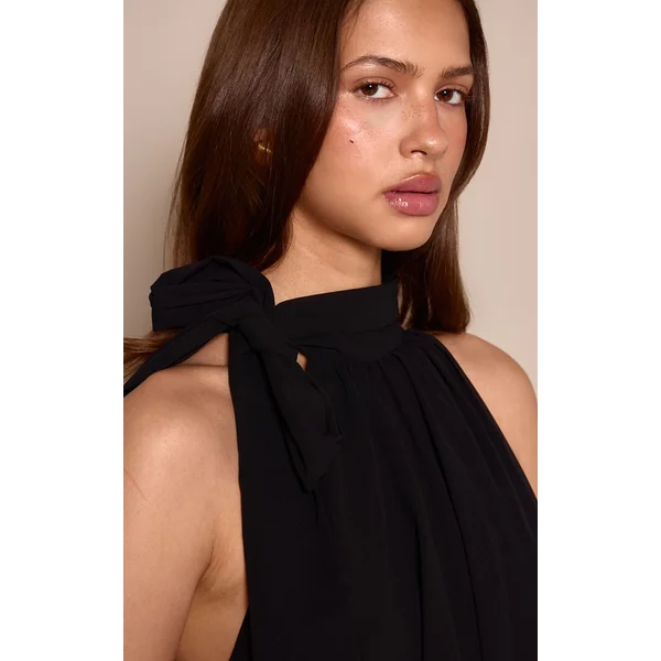Noir Robe Mini Bouffante En Mousseline Avec Nœud Au Cou