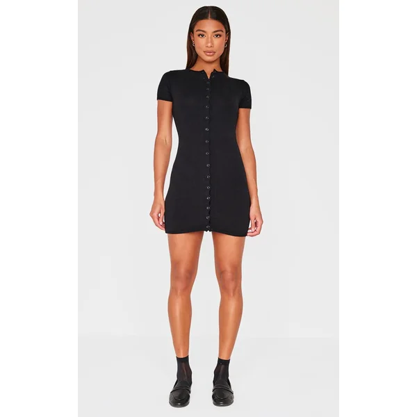 Noir Robe Mini En Maille Douce Boutonnée Sur Le Devant