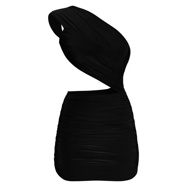 Noir Robe Mini Froncée Asymétrique À Double Couche