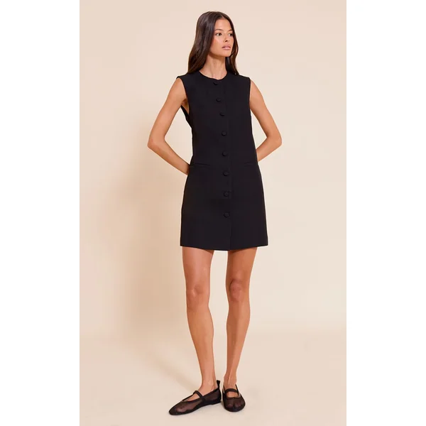 Noir Robe Mini Trapèze Boutonnée En Tissu Tissé Ajusté
