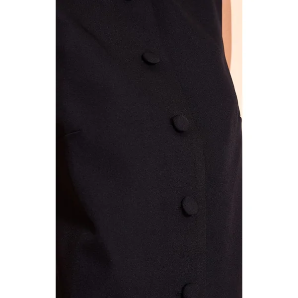 Noir Robe Mini Trapèze Boutonnée En Tissu Tissé Ajusté