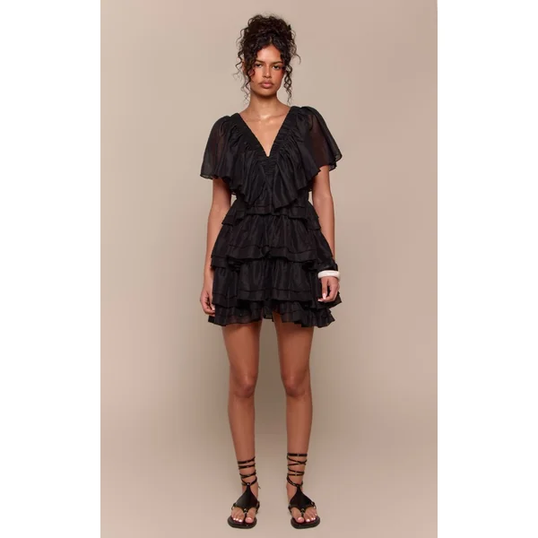 Noir Robe Mini À Col V Et Volants Étagés Extrêmes