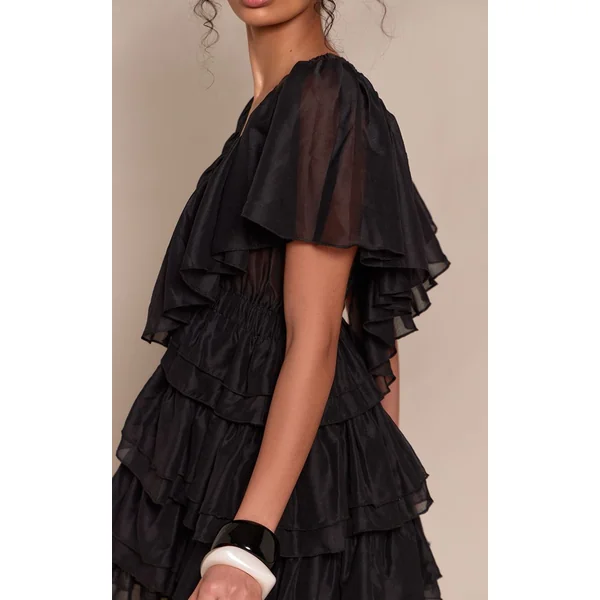 Noir Robe Mini À Col V Et Volants Étagés Extrêmes
