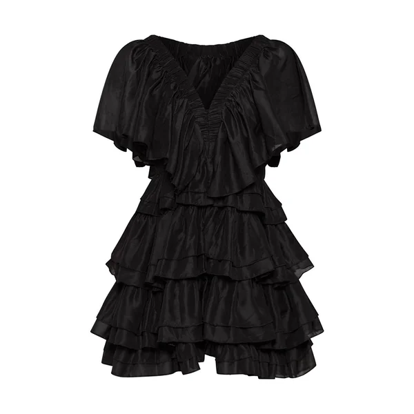 Noir Robe Mini À Col V Et Volants Étagés Extrêmes