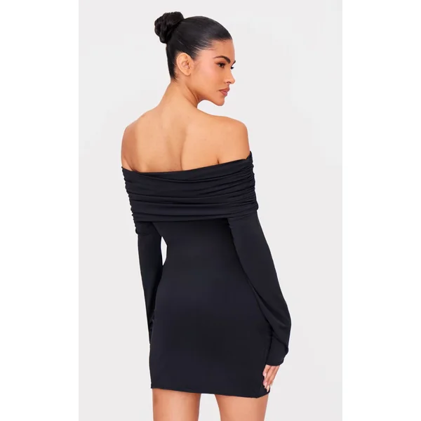 Noir Robe Mini À Manches Longues Bardot Plissé Double Couche Sculptante Mate