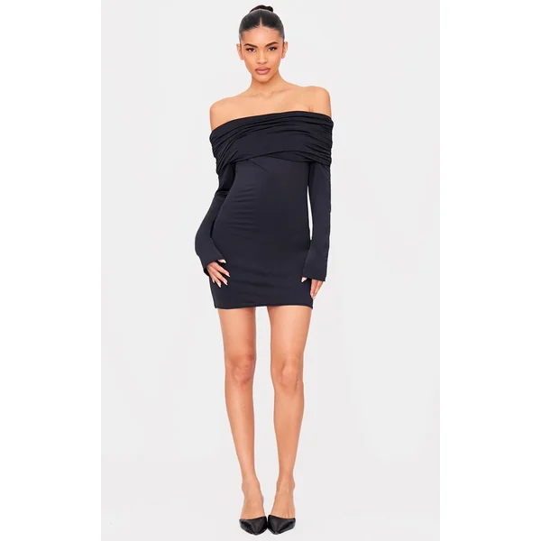 Noir Robe Mini À Manches Longues Bardot Plissé Double Couche Sculptante Mate