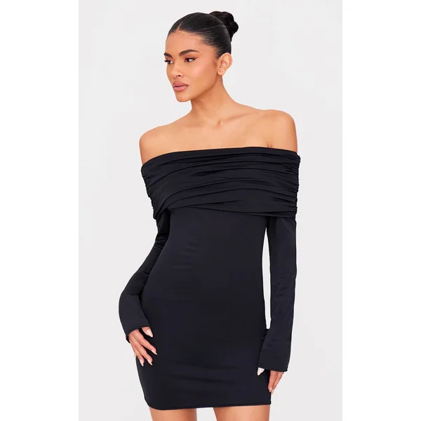 Noir Robe Mini À Manches Longues Bardot Plissé Double Couche Sculptante Mate