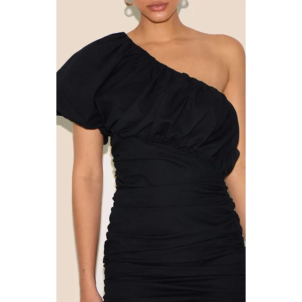 Noir Robe Moulante Asymétrique En Mélange De Lin