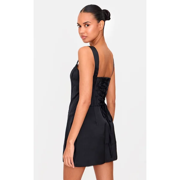 Noir Robe Moulante Premium À Encolure Carrée Et Dos Corseté Lacé En Tissu Tissé