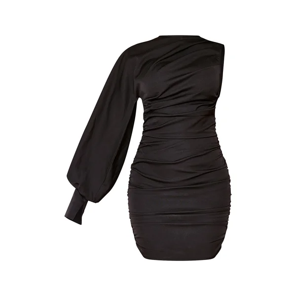 Noir Robe Moulante Tissée Froncée À Une Manche