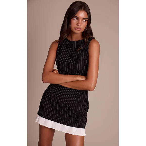 Noir Robe Moulante À Rayures Tennis Avec Détail Ourlet Plissé