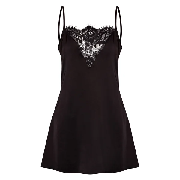 Noir Robe Nuisette Satinée À Empiècement En Dentelle