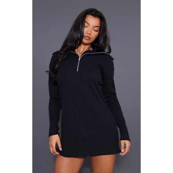 Noir Robe Synthétiquell Oversize Côtelée Col Montant Avec Demi-fermeture Éclair