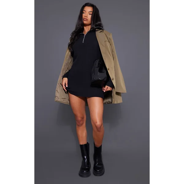 Noir Robe Synthétiquell Oversize Côtelée Col Montant Avec Demi-fermeture Éclair