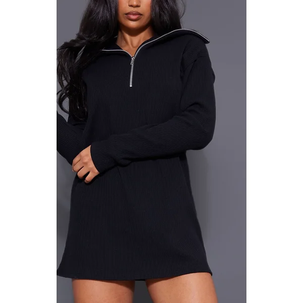 Noir Robe Synthétiquell Oversize Côtelée Col Montant Avec Demi-fermeture Éclair