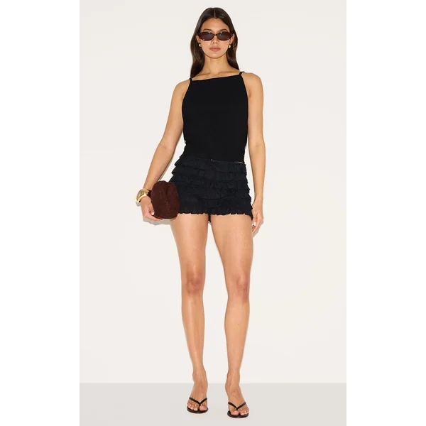 Noir Short Bloomer Taille Basse En Mélange De Lin