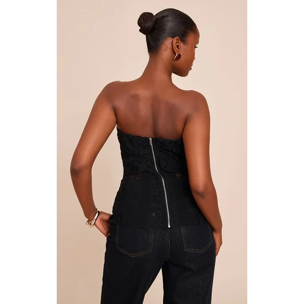 Noir Top Bandeau Ajusté En Dentelle Longueur Allongée