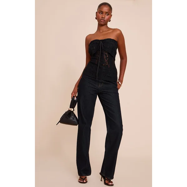 Noir Top Bandeau Ajusté En Dentelle Longueur Allongée