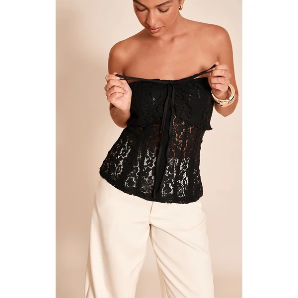 Noir Top Bandeau Ajusté En Dentelle Longueur Allongée
