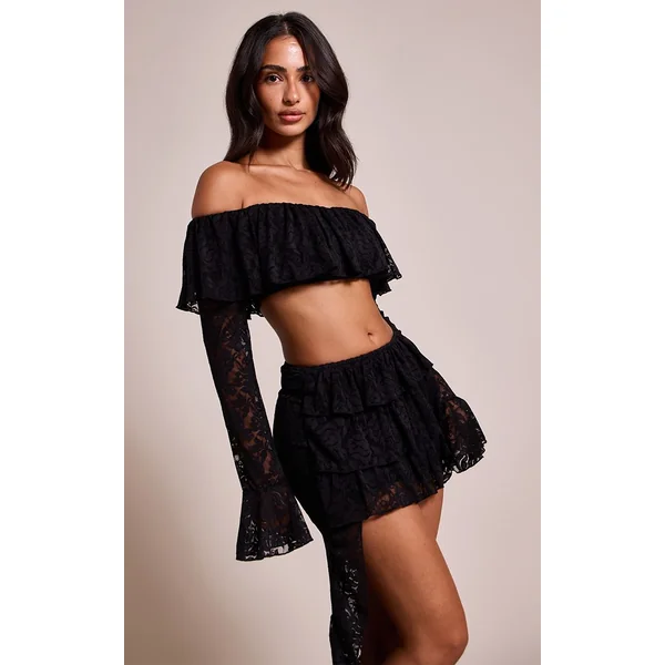 Noir Top Bardot Petite En Dentelle À Volants Et Manches Longues