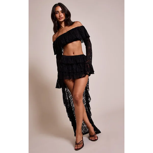 Noir Top Bardot Petite En Dentelle À Volants Et Manches Longues