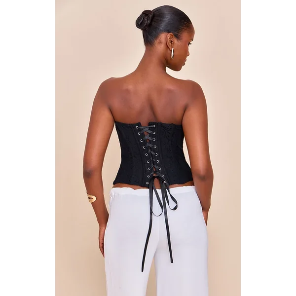 Noir Top Corset Bandeau À Baleines En Dentelle