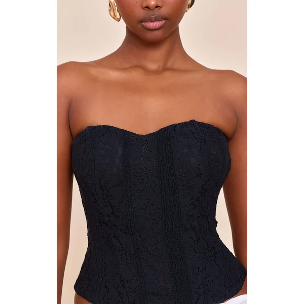 Noir Top Corset Bandeau À Baleines En Dentelle