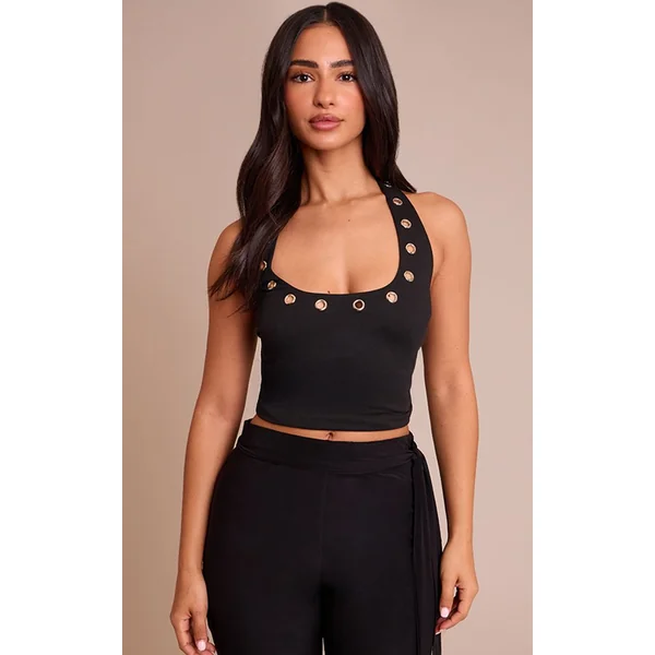 Noir Top Long Petite Col Halter Avec Détails Œillets