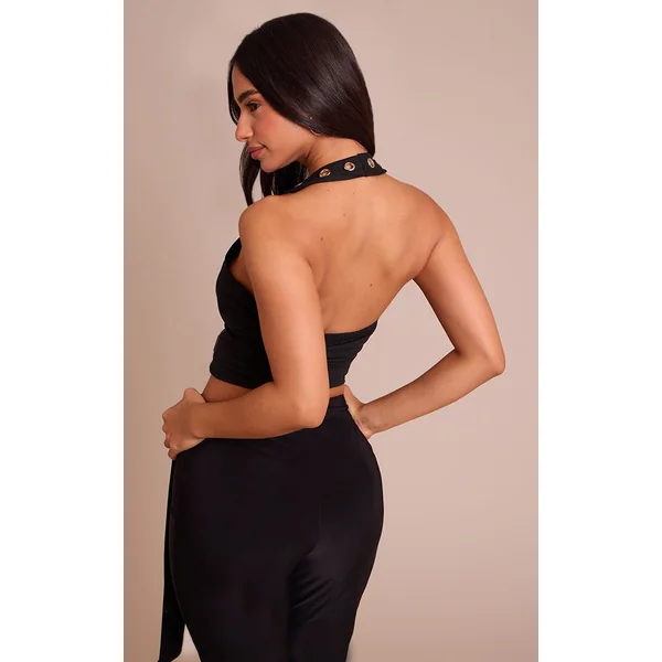 Noir Top Long Petite Col Halter Avec Détails Œillets