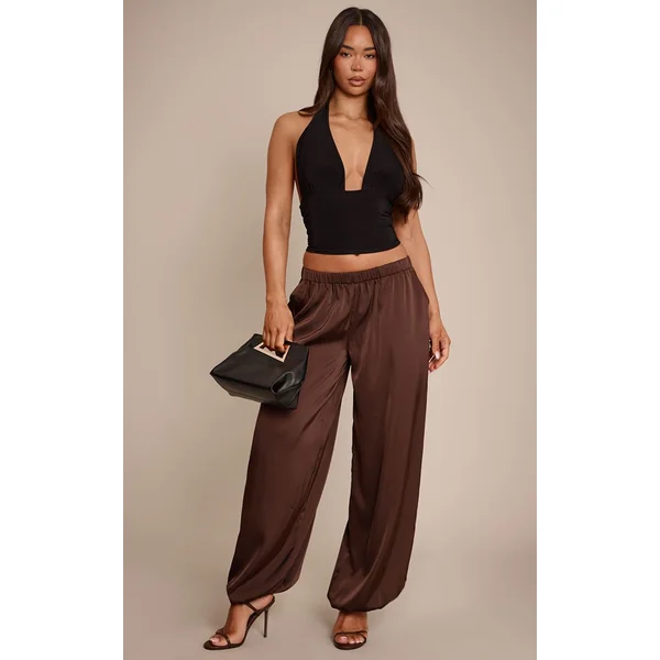Noir Top Long Plongeant À Double Couche Satiné Avec Lien Au Cou