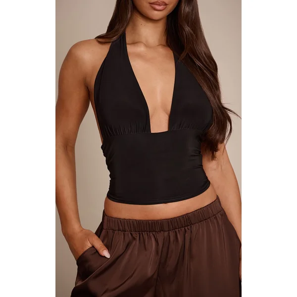 Noir Top Long Plongeant À Double Couche Satiné Avec Lien Au Cou