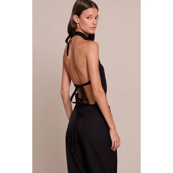 Noir Top Long Tissé À Col Montant Avec Détail Dos Noué