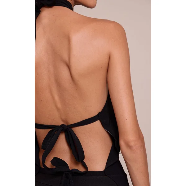 Noir Top Long Tissé À Col Montant Avec Détail Dos Noué