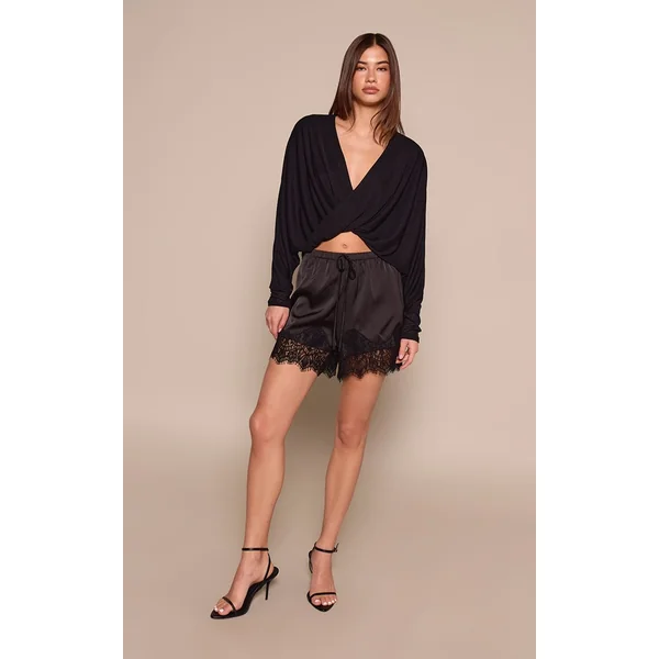 Noir Top Manches Longues Slouchy En Mesh Dévoré Marron Avec Torsade Devant