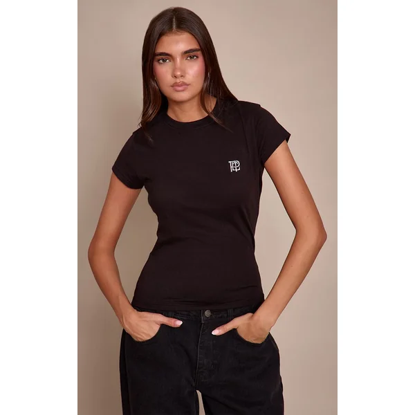 Noir T-shirt Ajusté Brodé