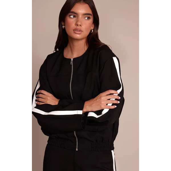 Noir Veste Bomber Cintrée En Tissu Tissé Avec Taille Élastiquée