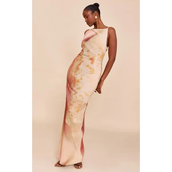 Non Coloré Robe Longue En Mousseline Imprimée Abstraite